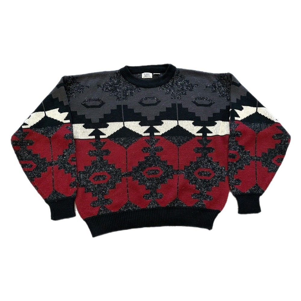 Vintage Sweater Men's L Robert Bruce Red Knit Crewneck Southwestern Navajo